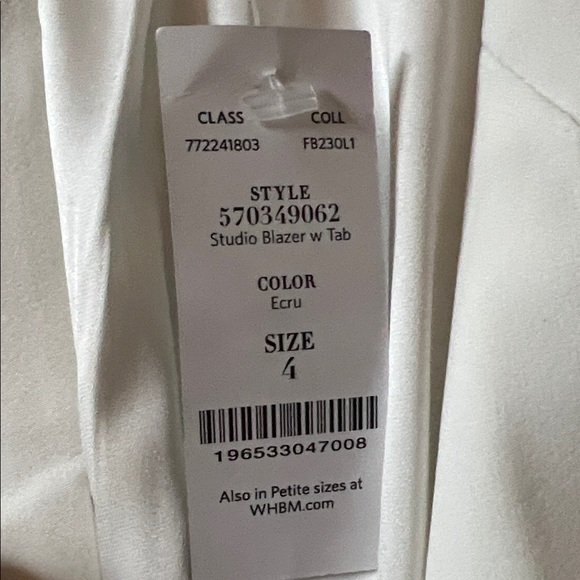NWT - WHBM Studio Blazer with Tab.  Ecru Size 4 - Picture 3 of 5